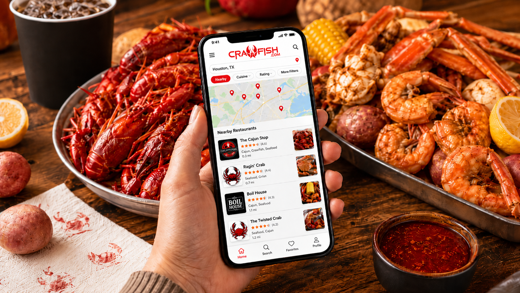 Crawfish.com app showing seafood restaurant discovery and crawfish business listings