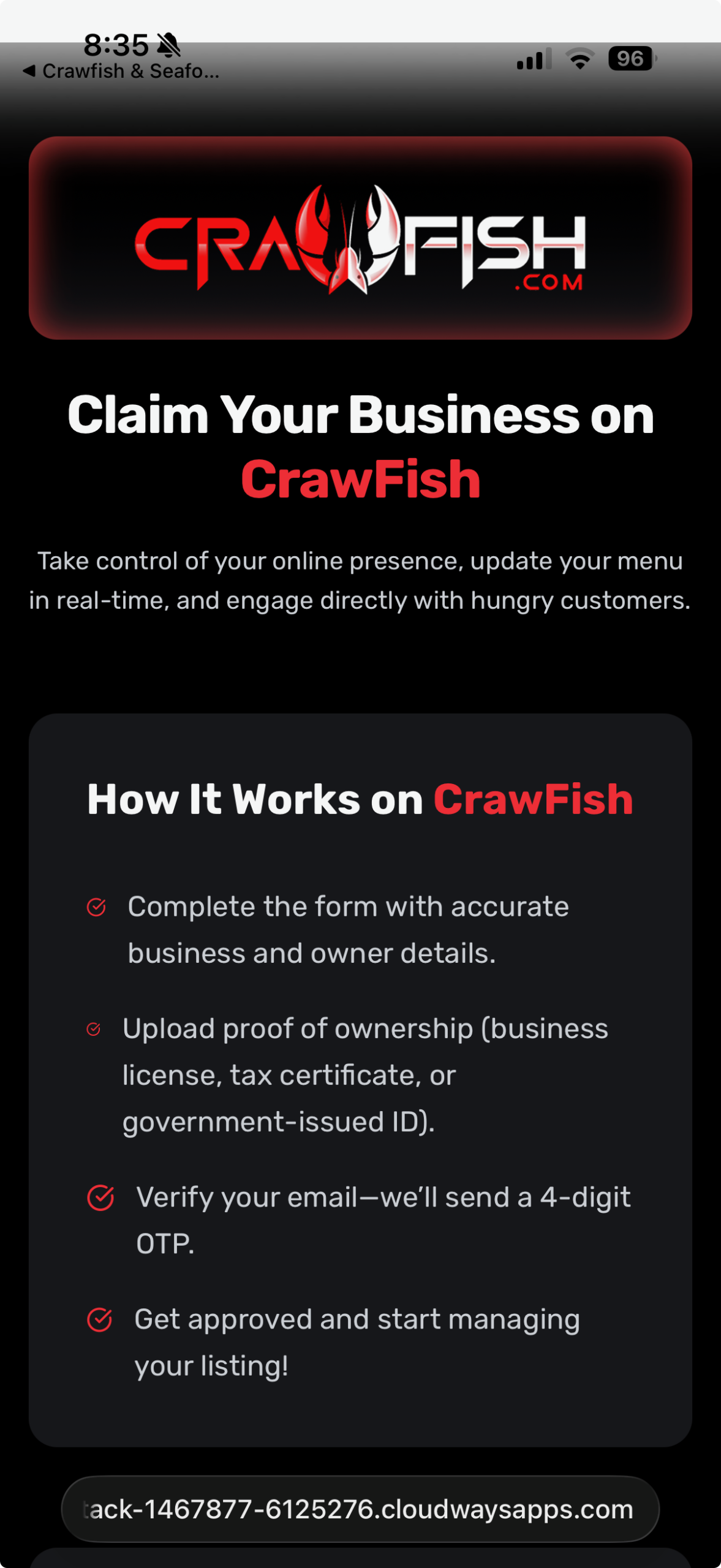 Crawfish.com claim your business instructions showing how business owners can claim and manage their listing