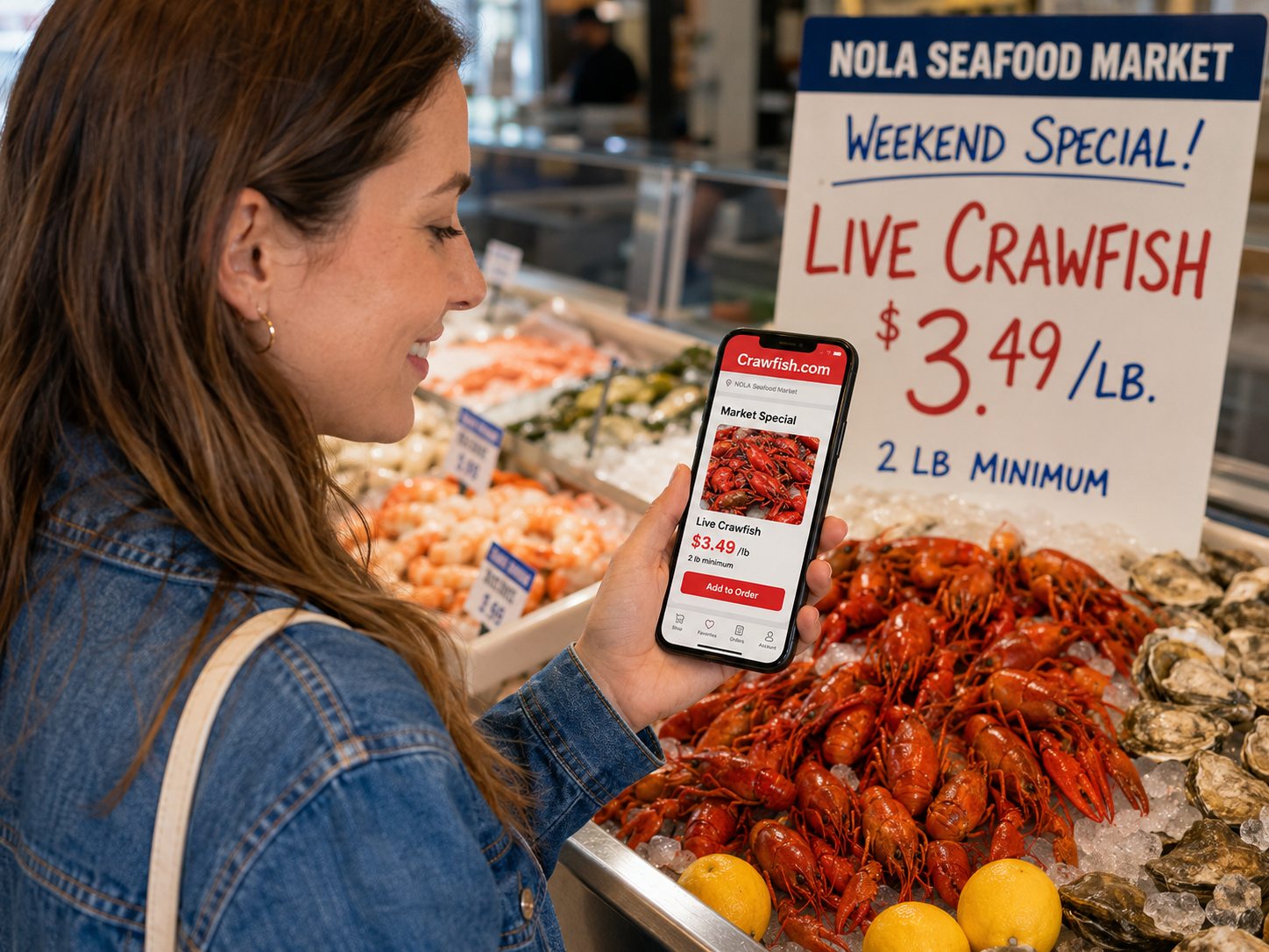 Customer using the Crawfish.com app at a seafood market