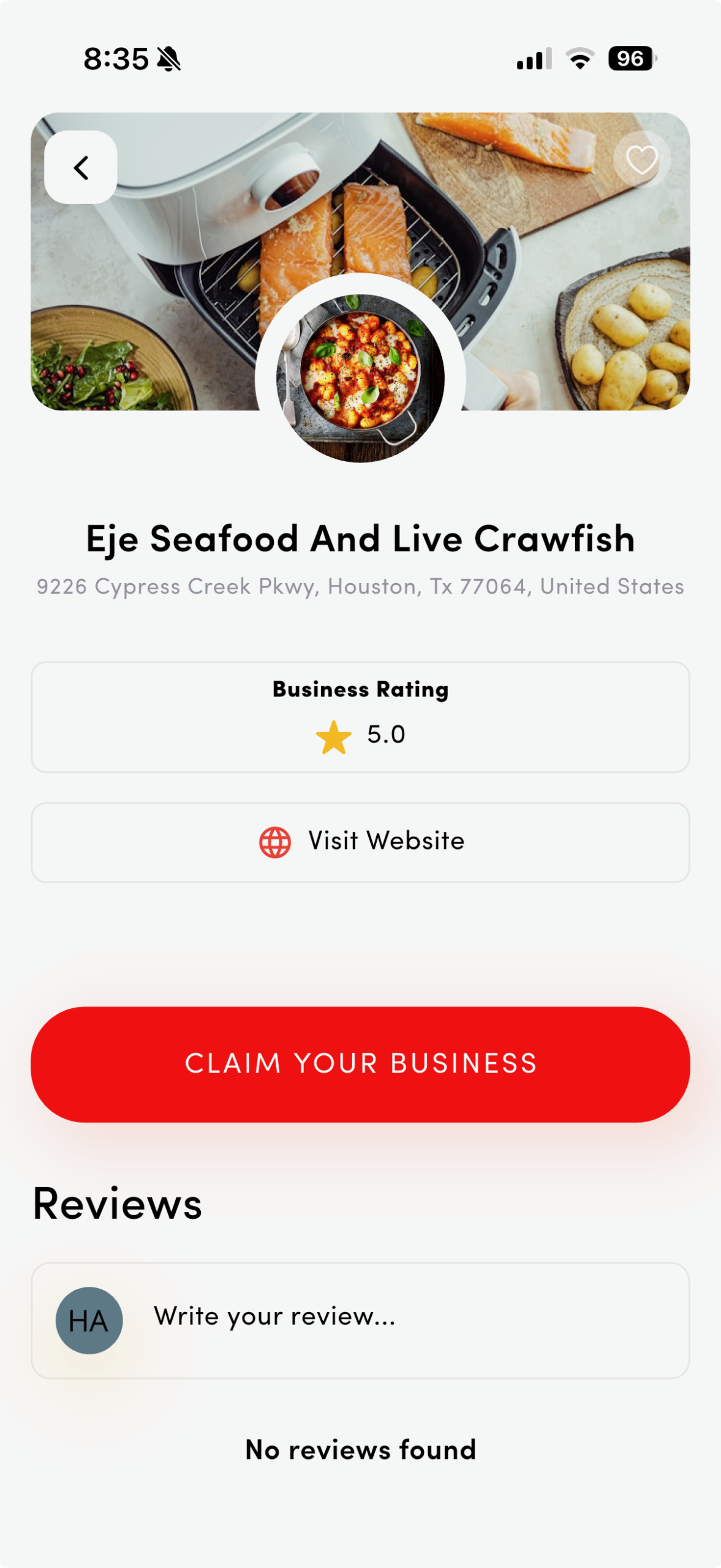 Crawfish.com business detail screen showing claim your business button, rating, website, and reviews