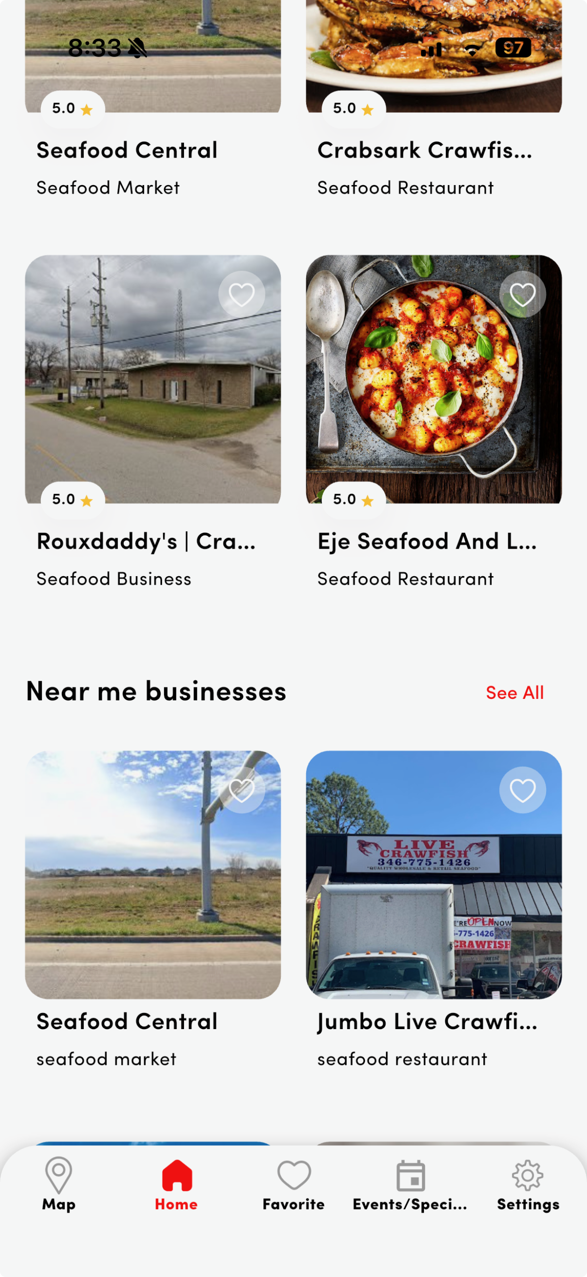 Crawfish.com app showing seafood restaurants and crawfish businesses near me
