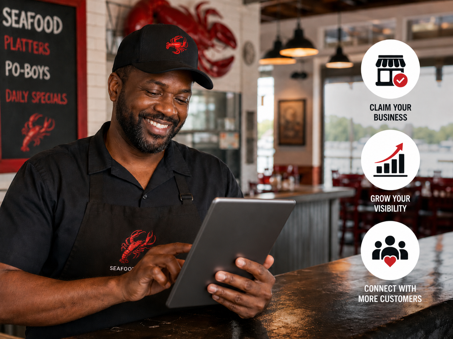 Seafood business owner using the Crawfish.com app to manage a restaurant listing and create specials