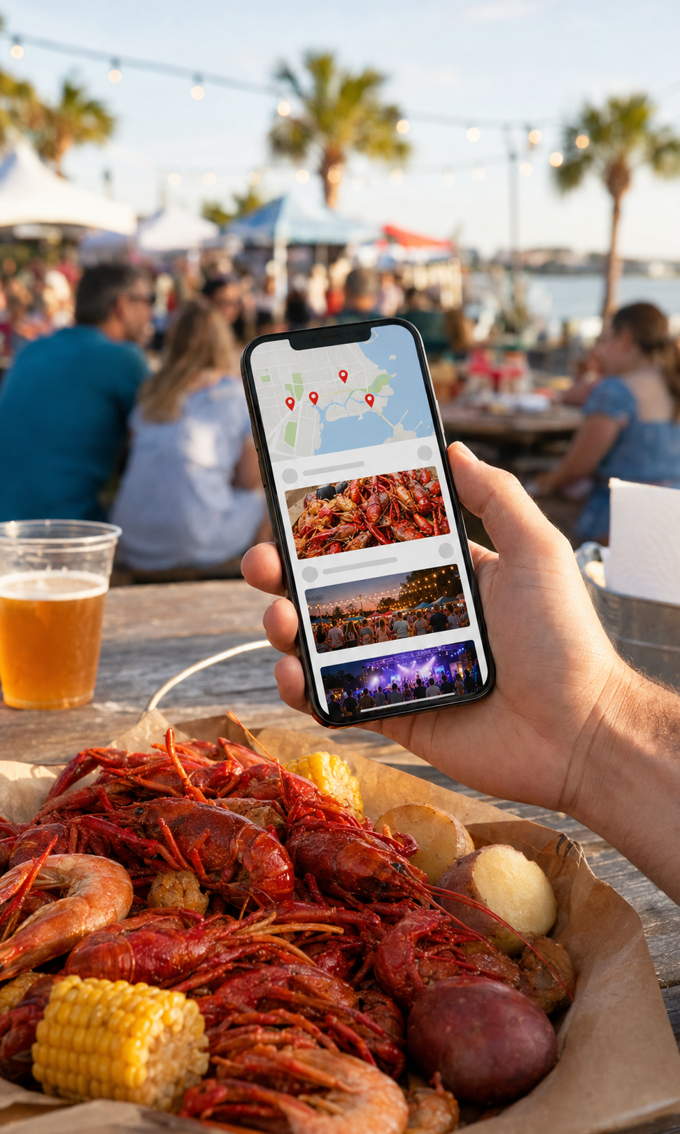 Crawfish.com Events and Specials feed showing seafood specials and nearby events