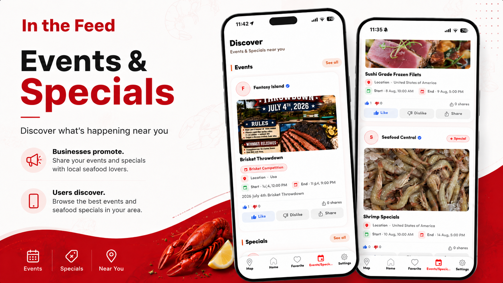 Crawfish.com Events and Specials feed showing seafood specials and local events in the app