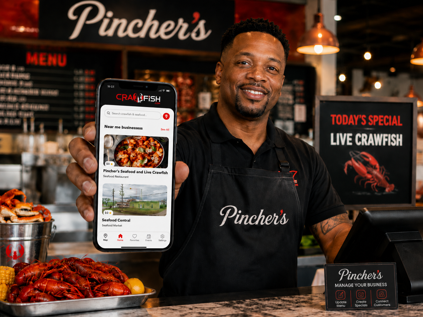 Crawfish.com app showing seafood restaurant discovery