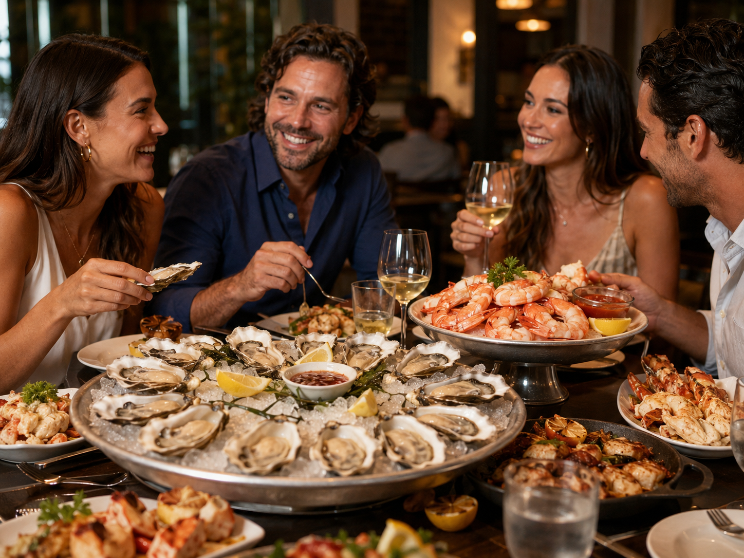Seafood dinner with crawfish, shrimp, oysters, and fresh seafood